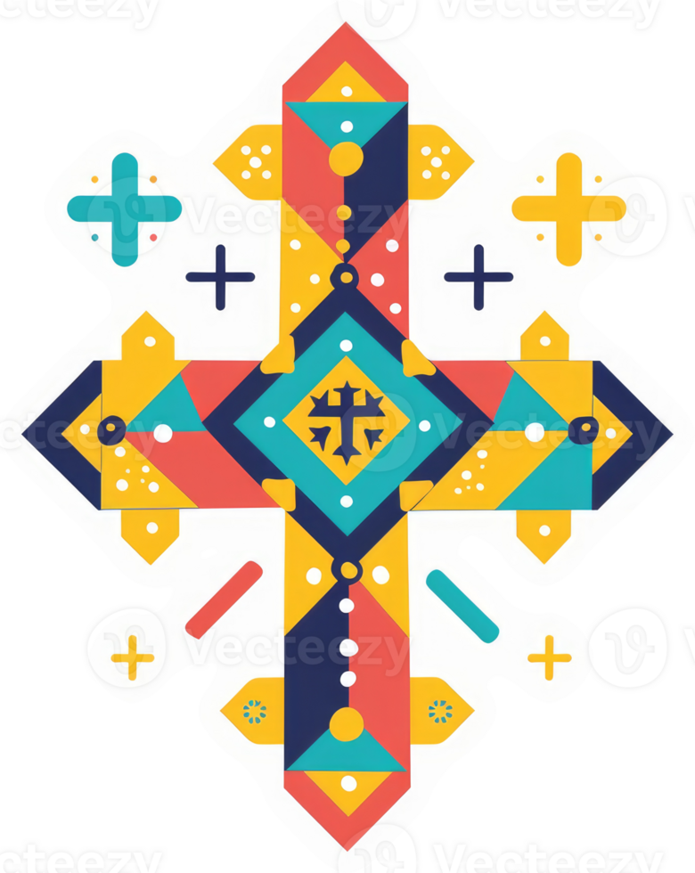 A vibrant, geometric cross design with colorful patterns. png