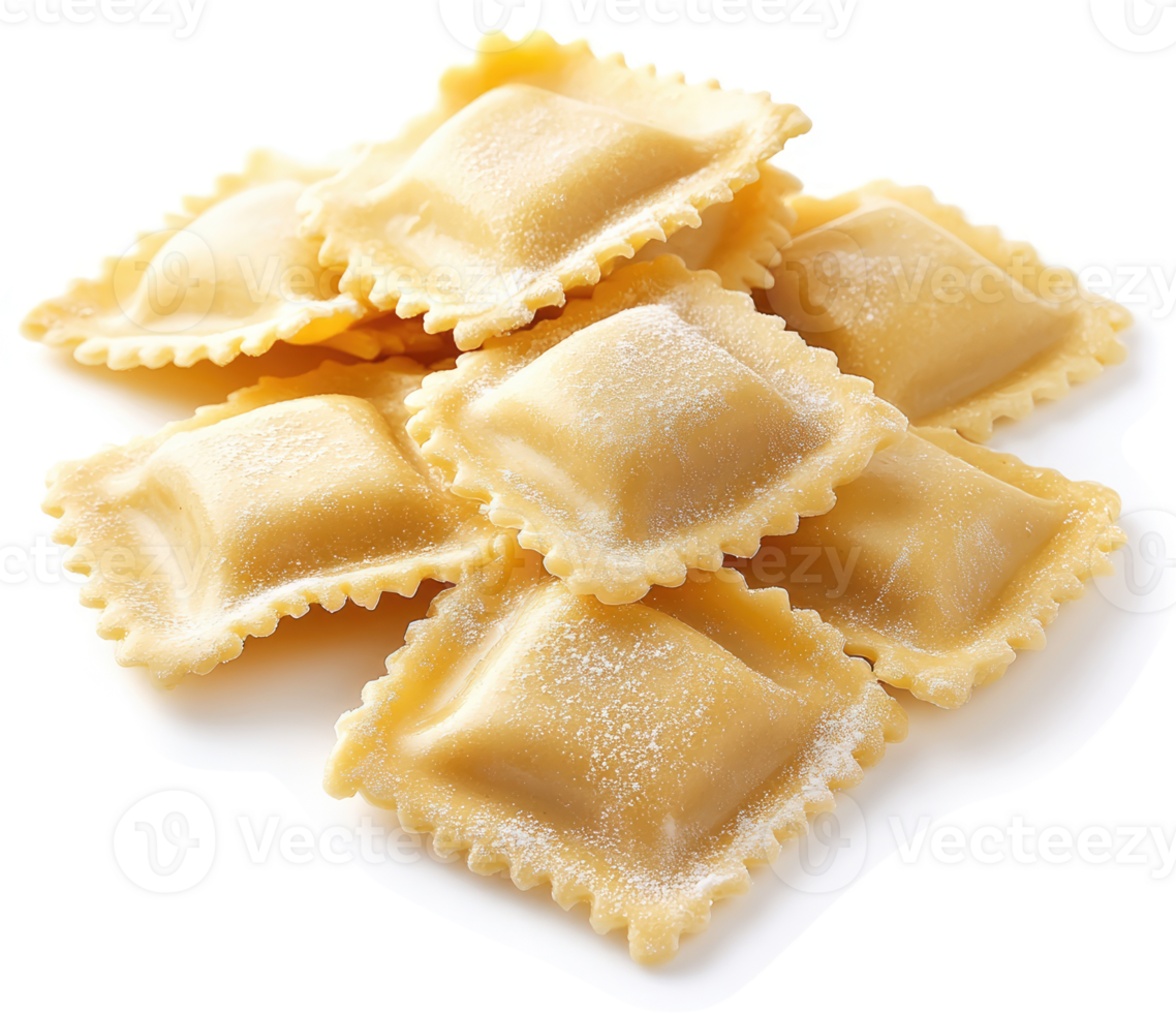 Fresh, uncooked ravioli, dusted with flour. png