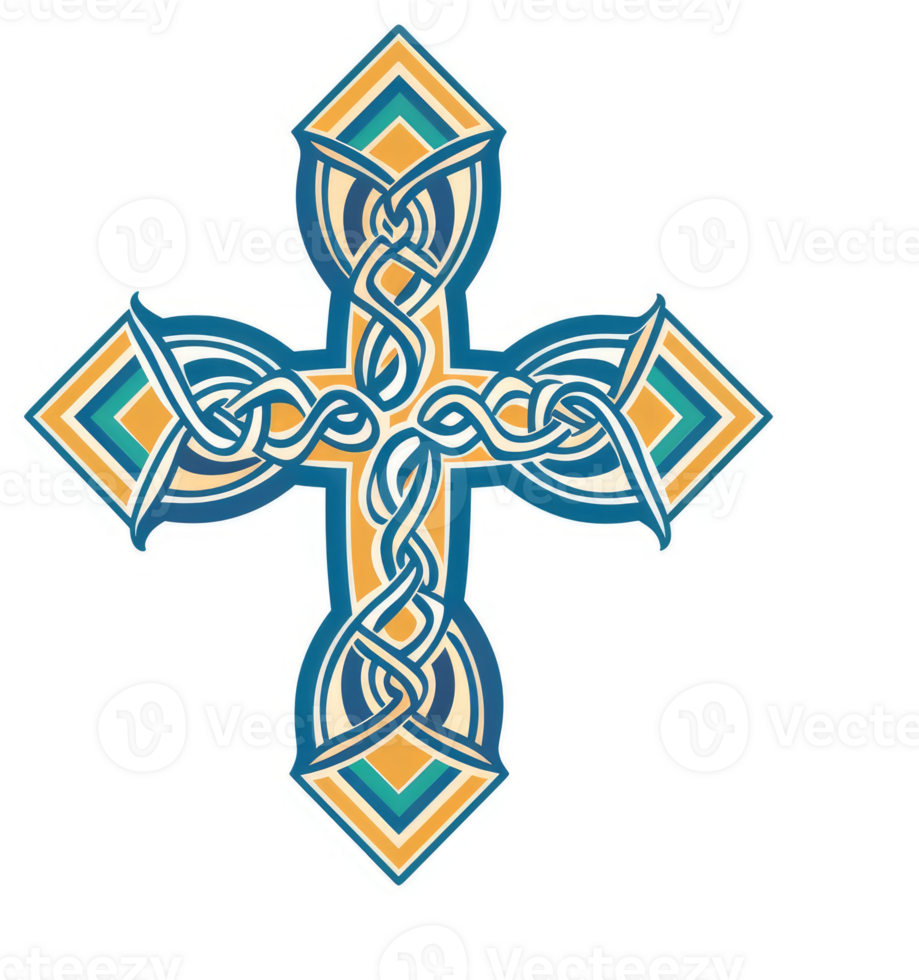Ornate celtic cross design with intricate patterns. png