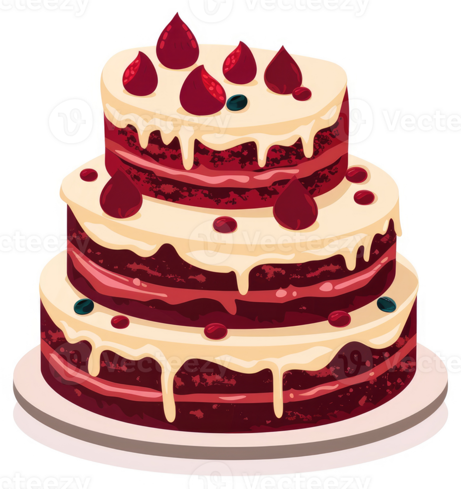A delightful two-tiered red velvet cake adorned with luscious berries and creamy frosting. png