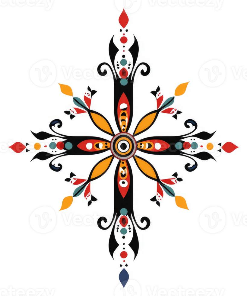 Ornate decorative cross design with colorful floral accents. png