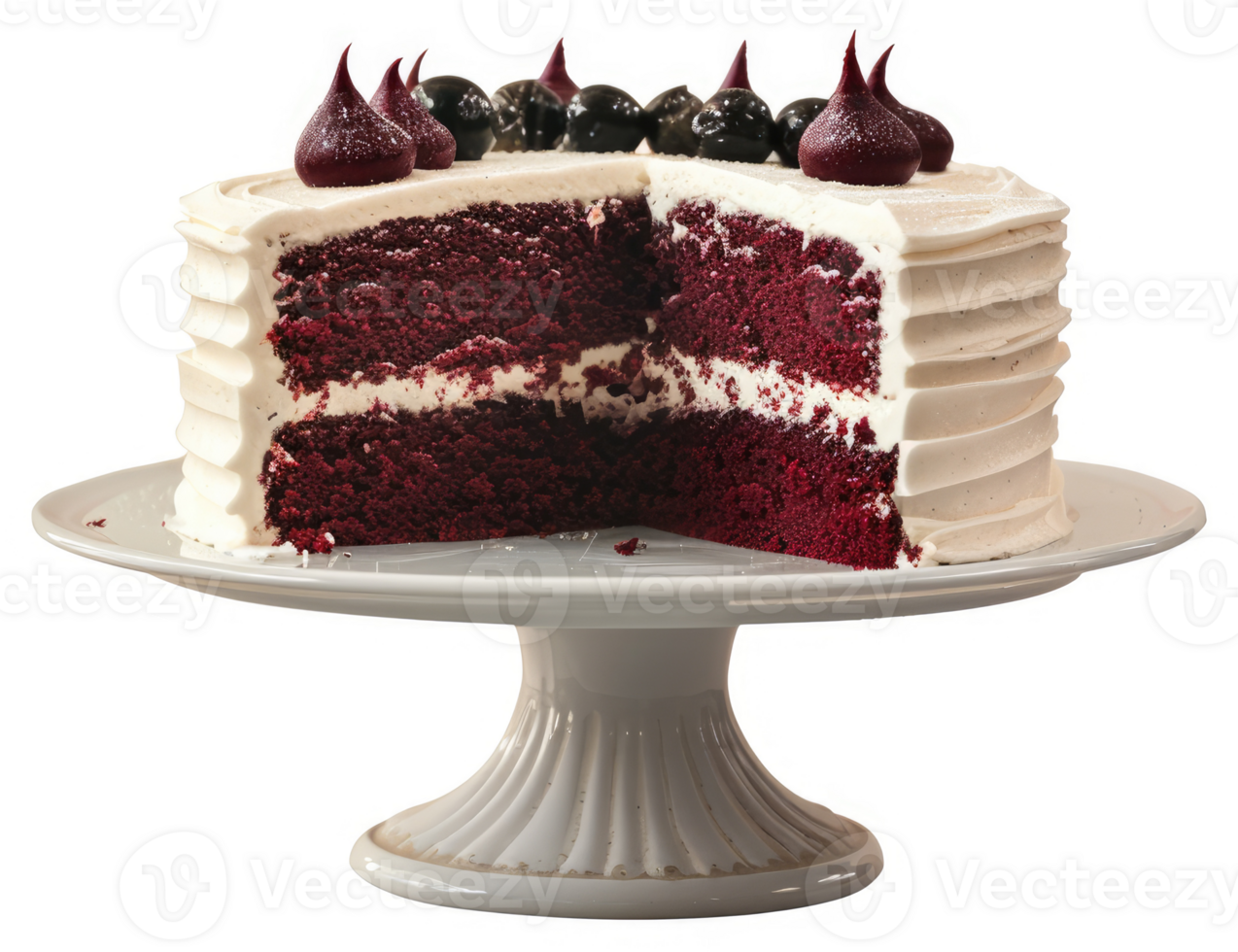 A decadent red velvet cake with creamy frosting and dark chocolate accents. png