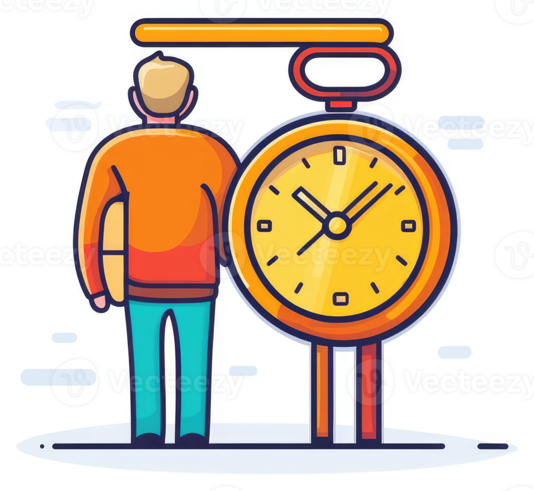 A person waits patiently in front of a large public clock. png