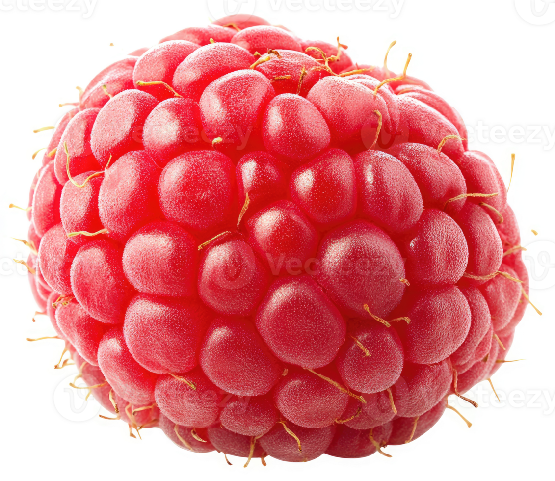 A close-up view of a vibrant red raspberry. png