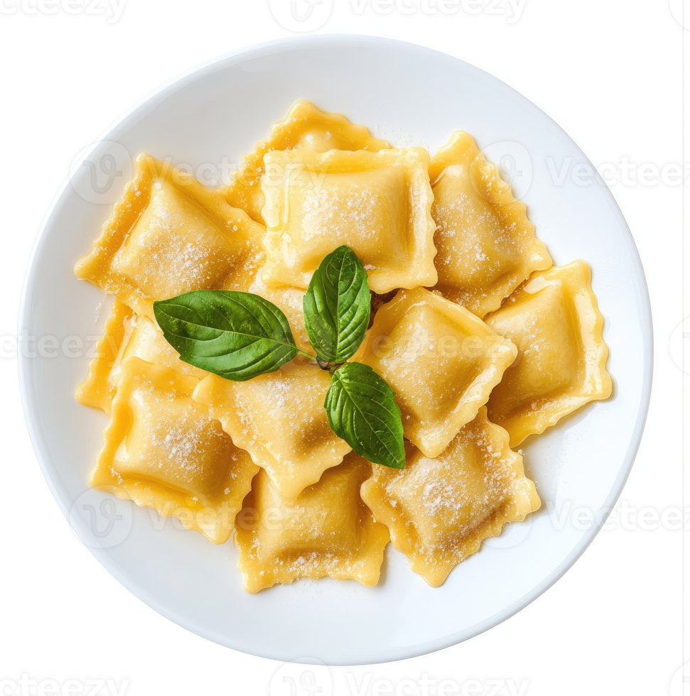 A plate of golden-brown tortellini pasta topped with fresh basil. png