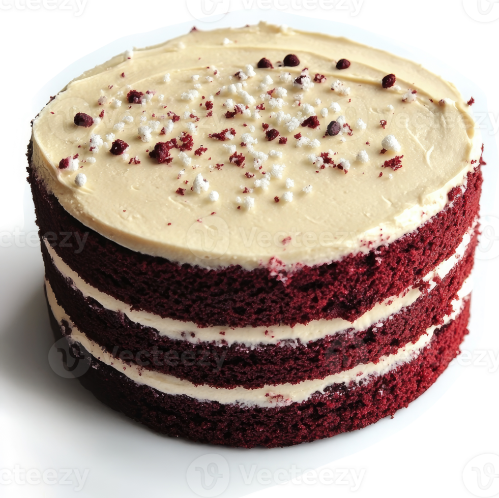 A three-layer red velvet cake with cream cheese frosting and sprinkles. png