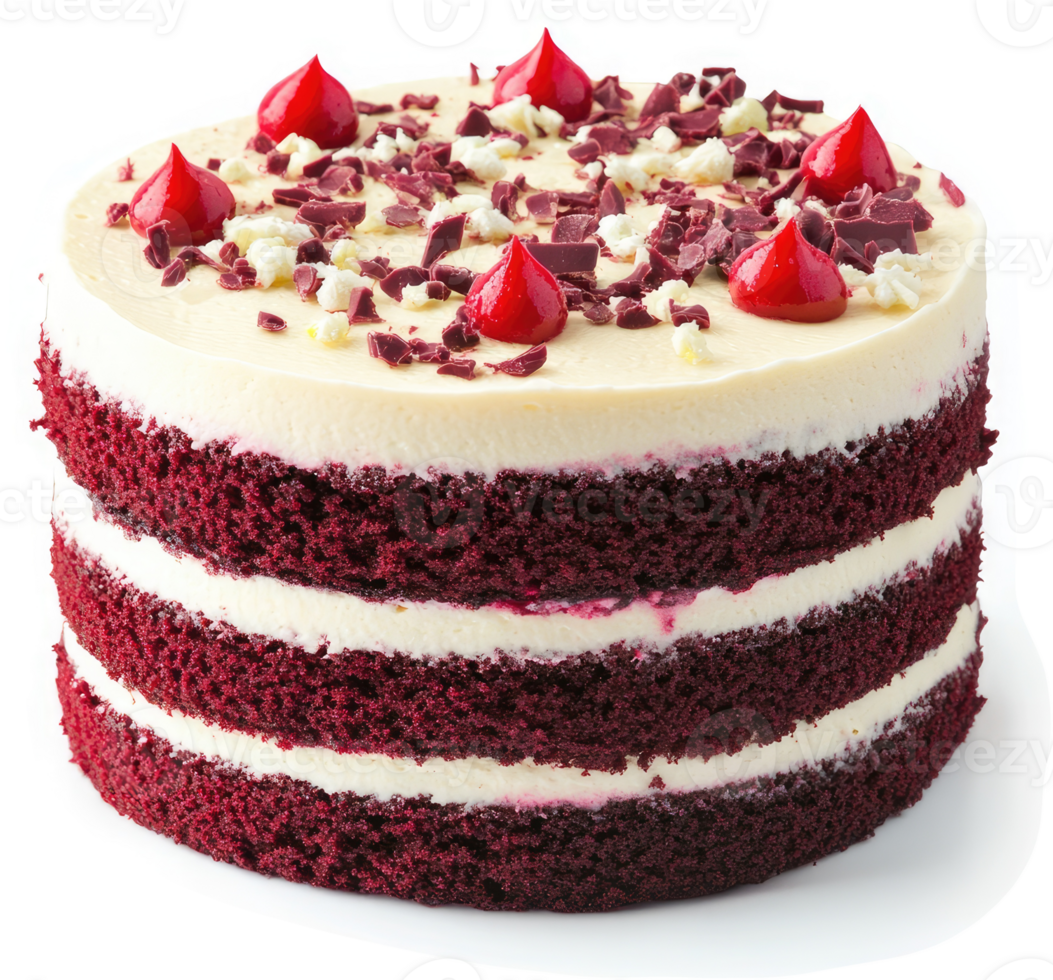 A decadent three-layered red velvet cake adorned with chocolate shavings and ruby-red frosting. png