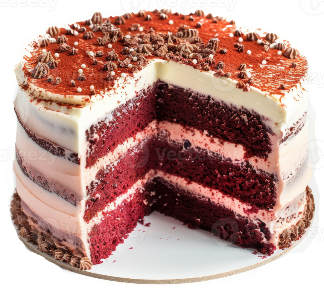A layered red velvet cake with white cream cheese frosting and chocolate accents. png
