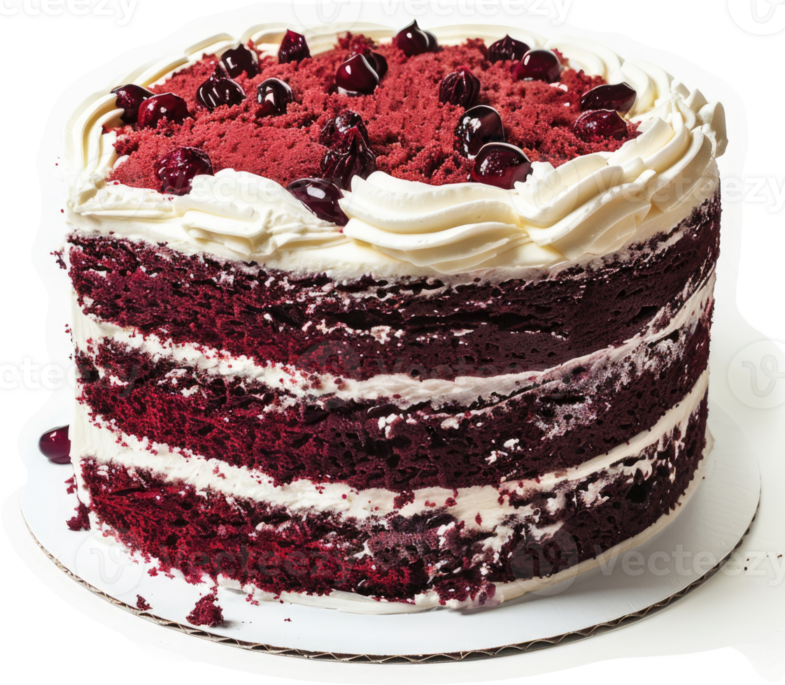 A decadent layered red velvet cake with whipped cream and cherries. png