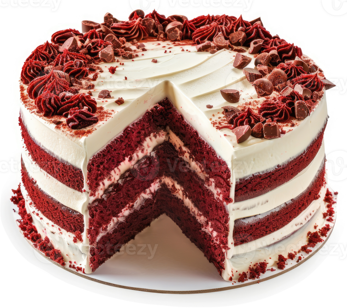 A decadent red velvet cake with rich layers and creamy frosting. png