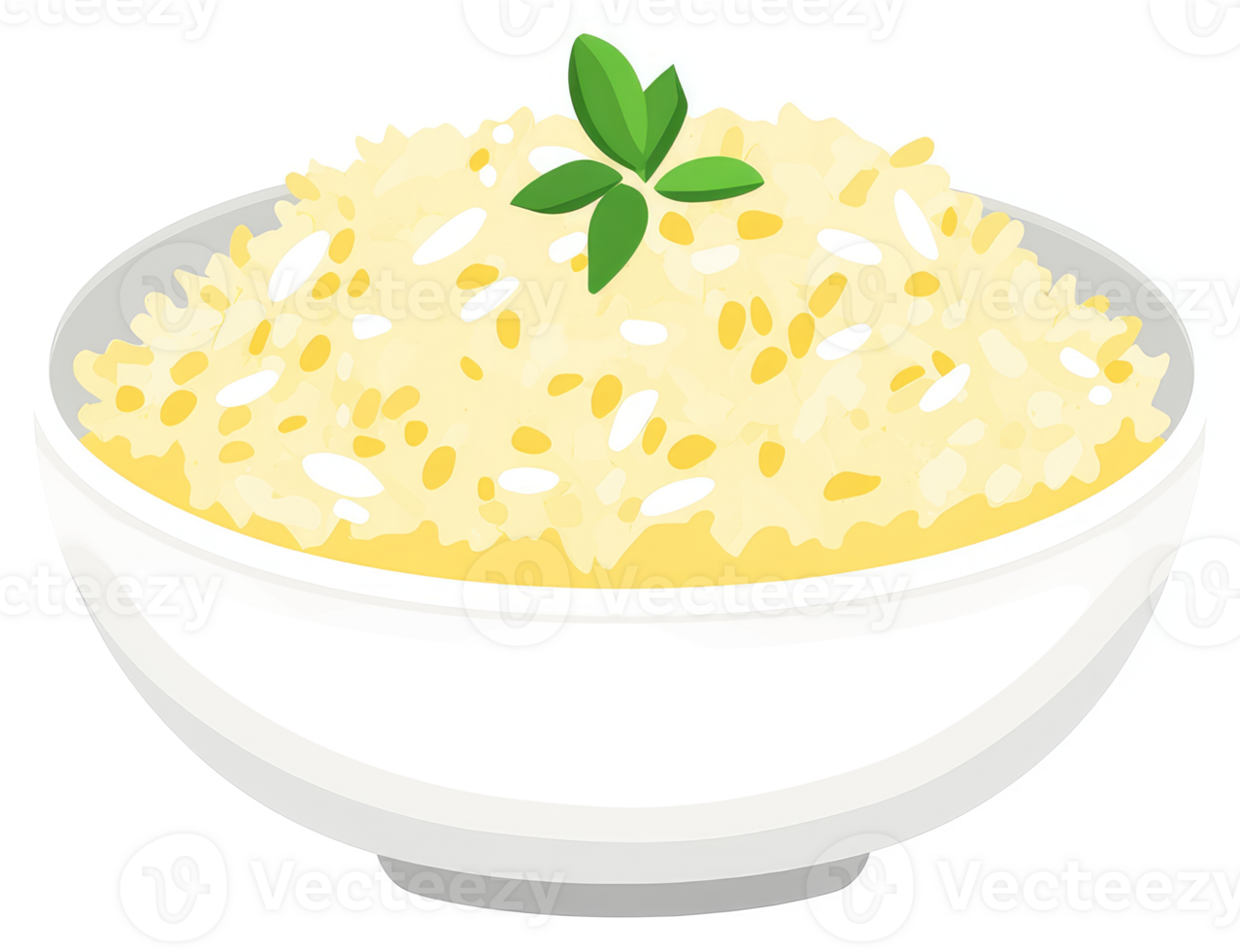 A bowl of fluffy, light yellow rice topped with fresh herbs. png