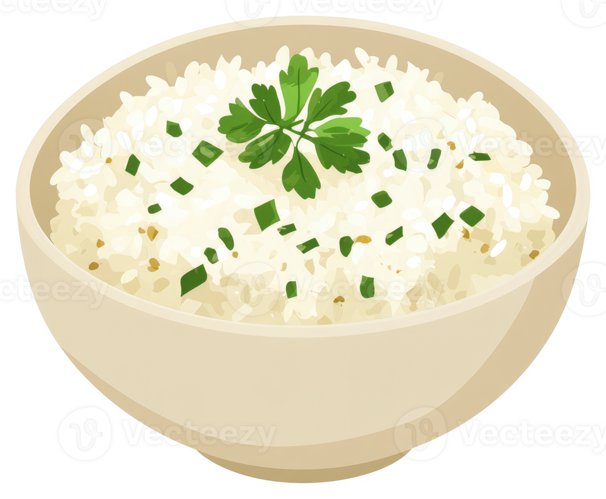 A bowl of white rice topped with fresh herbs and spring onions. png