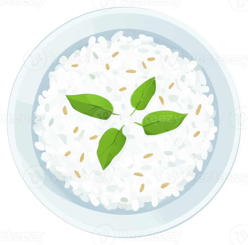 A plate of white rice garnished with fresh basil leaves. png