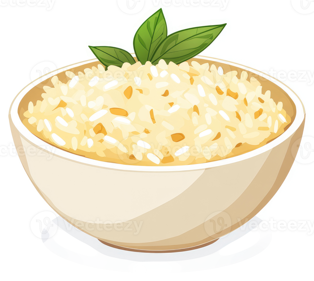 A bowl of cooked, fluffy rice garnished with fresh herbs. png