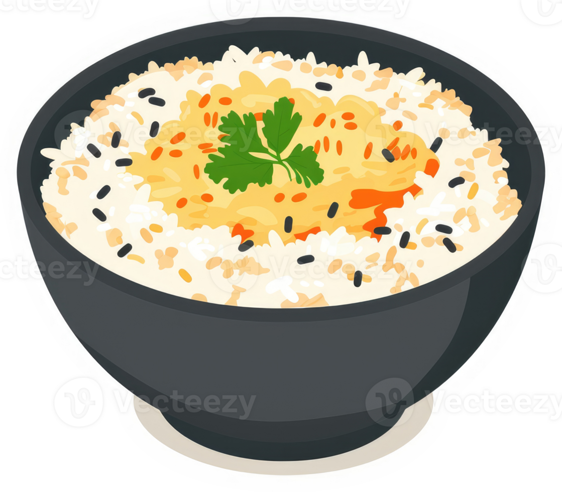 A bowl of flavorful rice topped with a savory egg and garnish. png