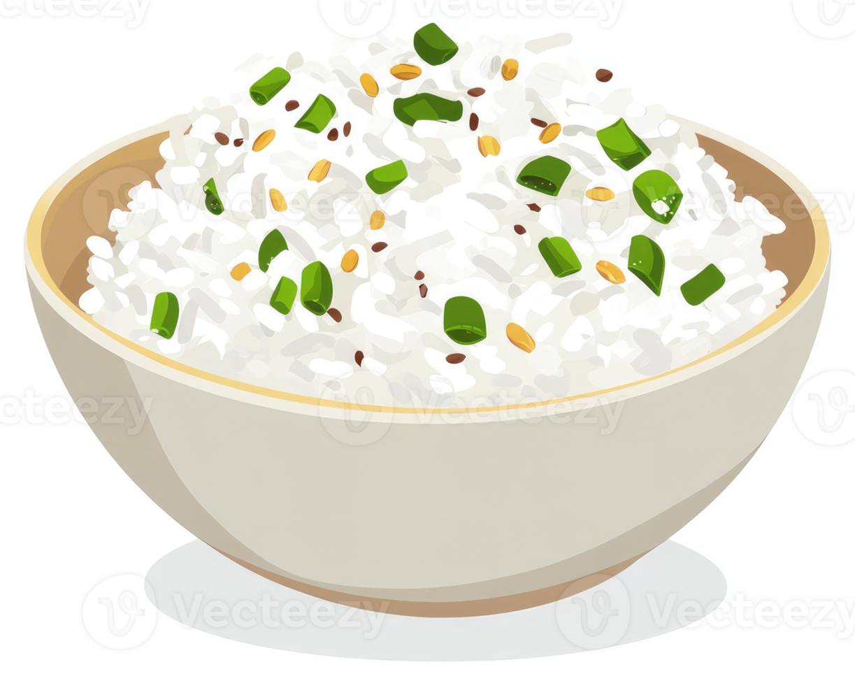 A bowl of seasoned white rice with scallions and spices. png