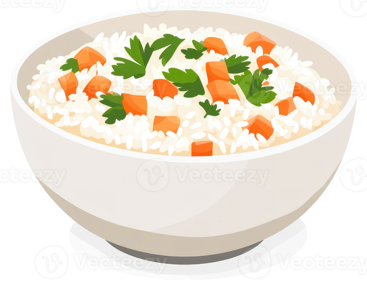 A bowl of creamy white rice topped with chopped carrots and fresh herbs. png