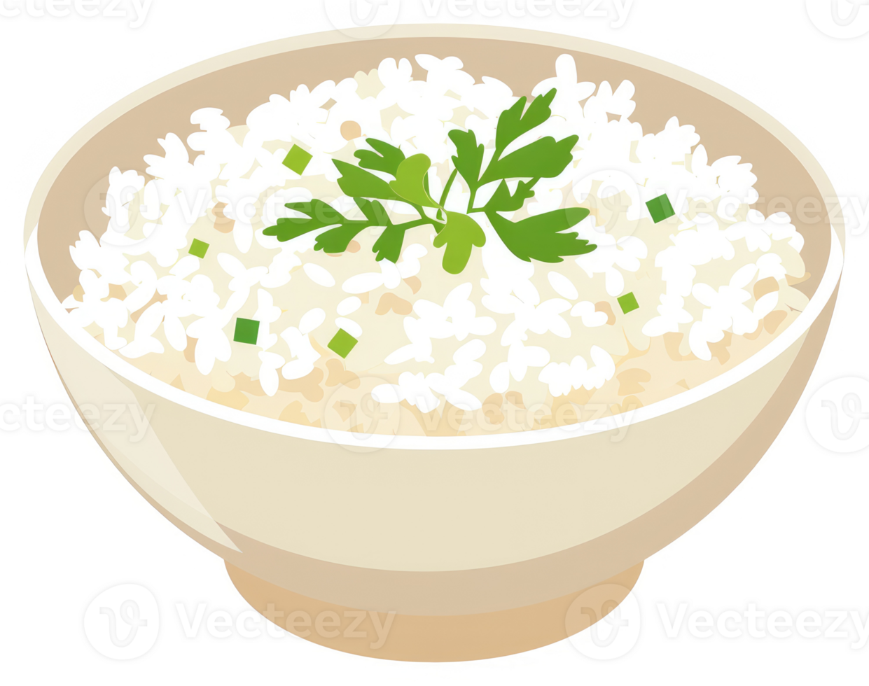 A bowl of fluffy rice garnished with fresh herbs. png