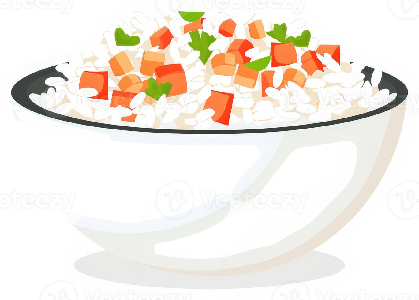A bowl of white rice with orange pieces and herbs. png
