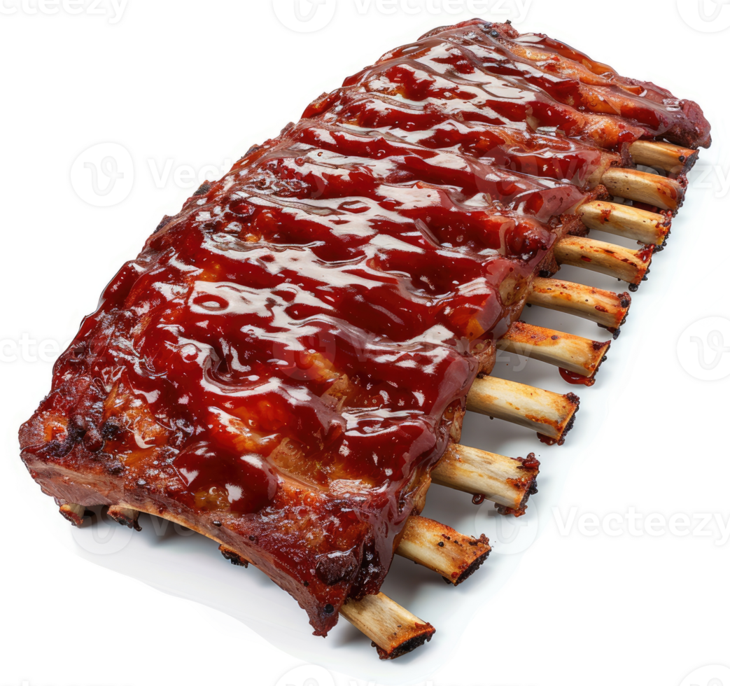 A plate of delicious, glazed ribs, glistening with barbecue sauce. png