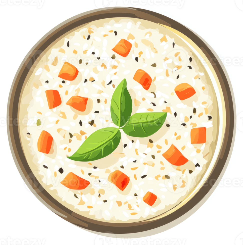 A bowl of creamy rice porridge topped with diced carrots and fresh basil. png
