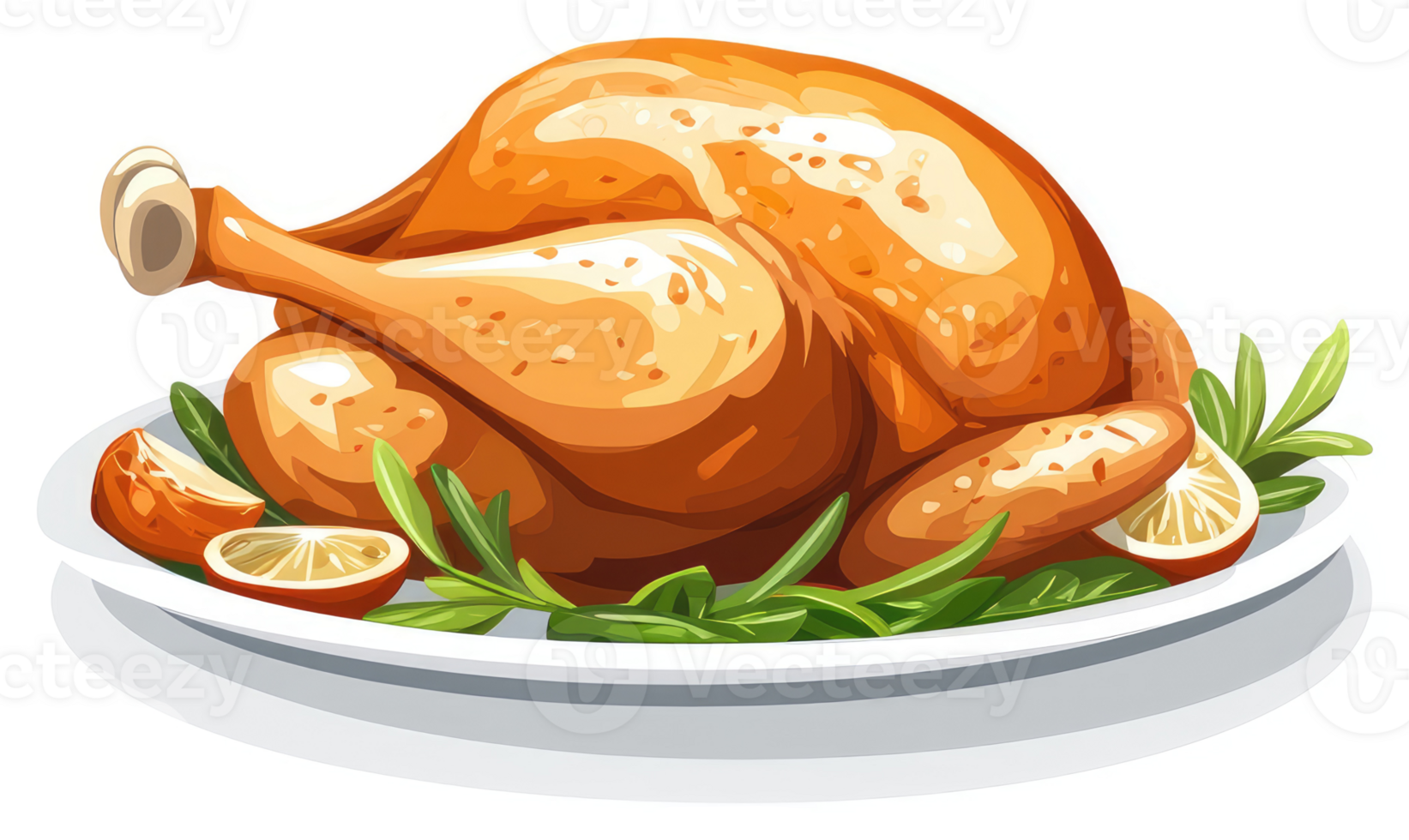 A roasted chicken with herbs and citrus on a plate. png