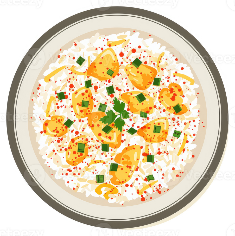 A dish of flavorful chicken and rice with vibrant spices. png