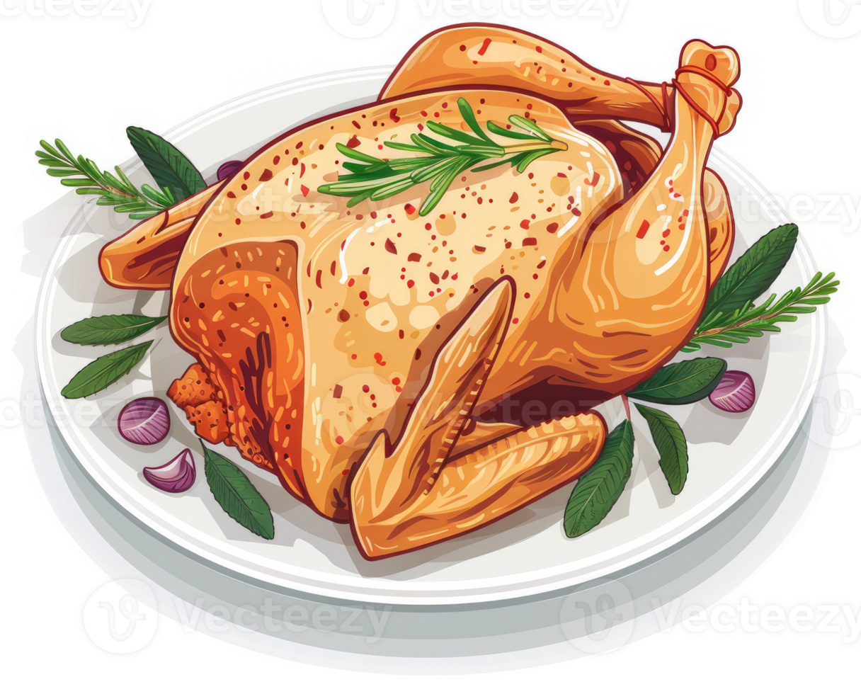 A roasted chicken on a plate with herbs and spices. png