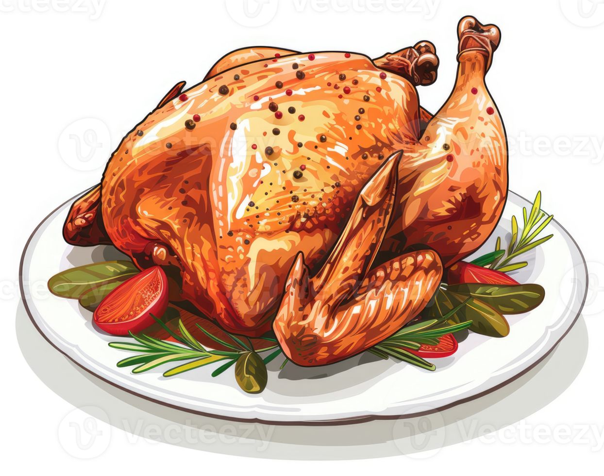A roasted chicken, beautifully presented on a platter. png