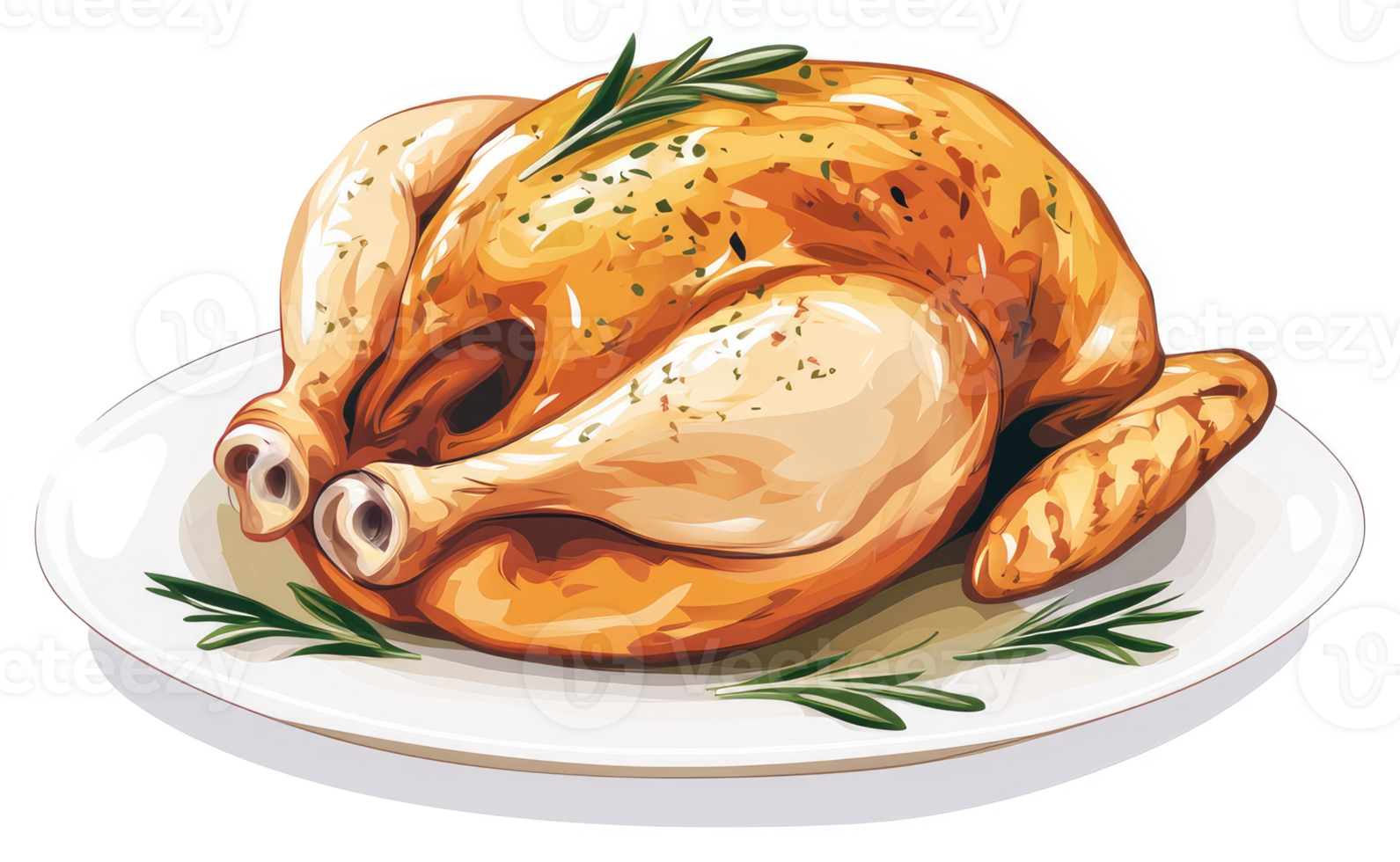 A roasted chicken resting on a plate garnished with sprigs of rosemary. png