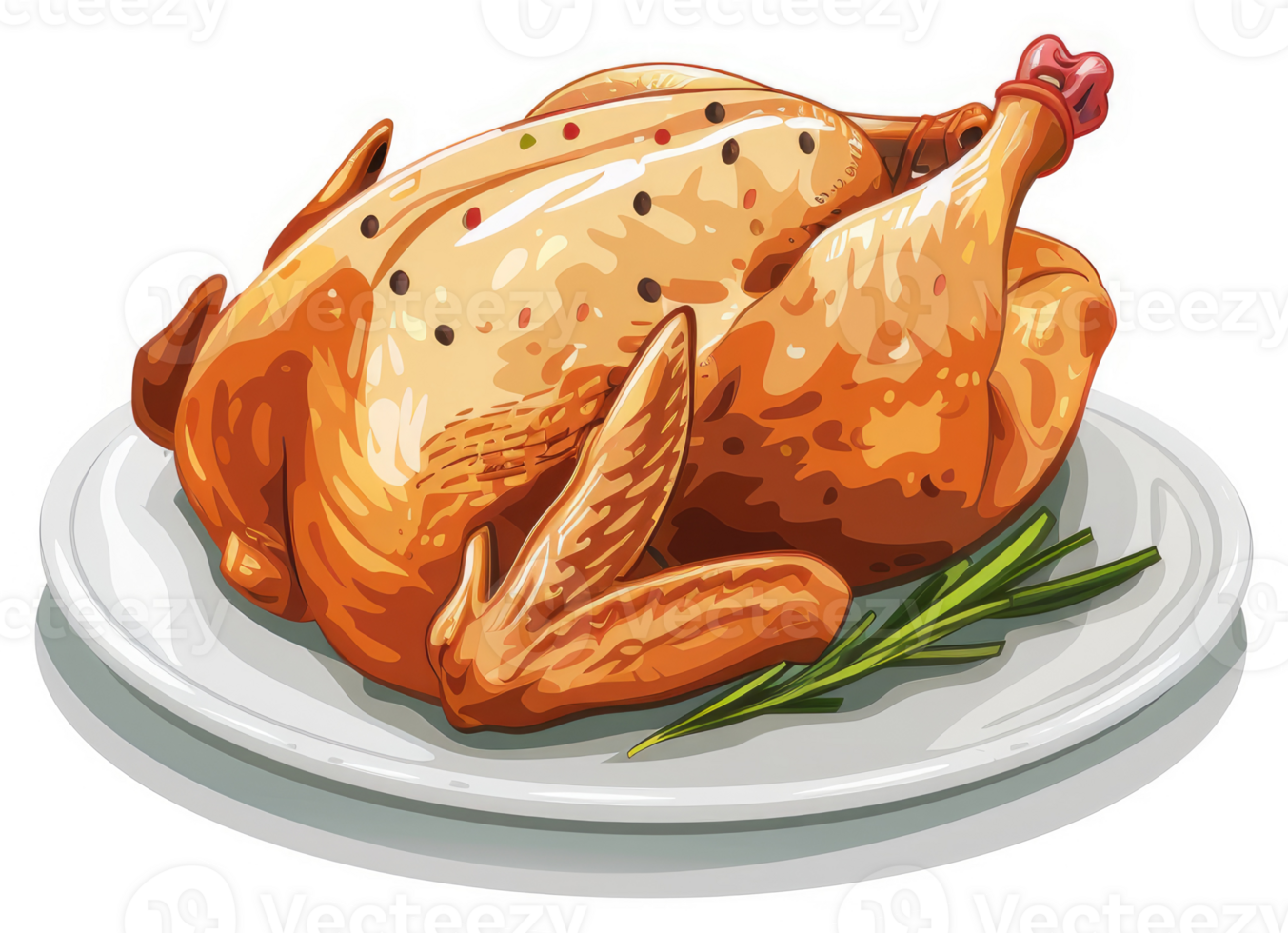 Roasted chicken on a plate with herbs. png
