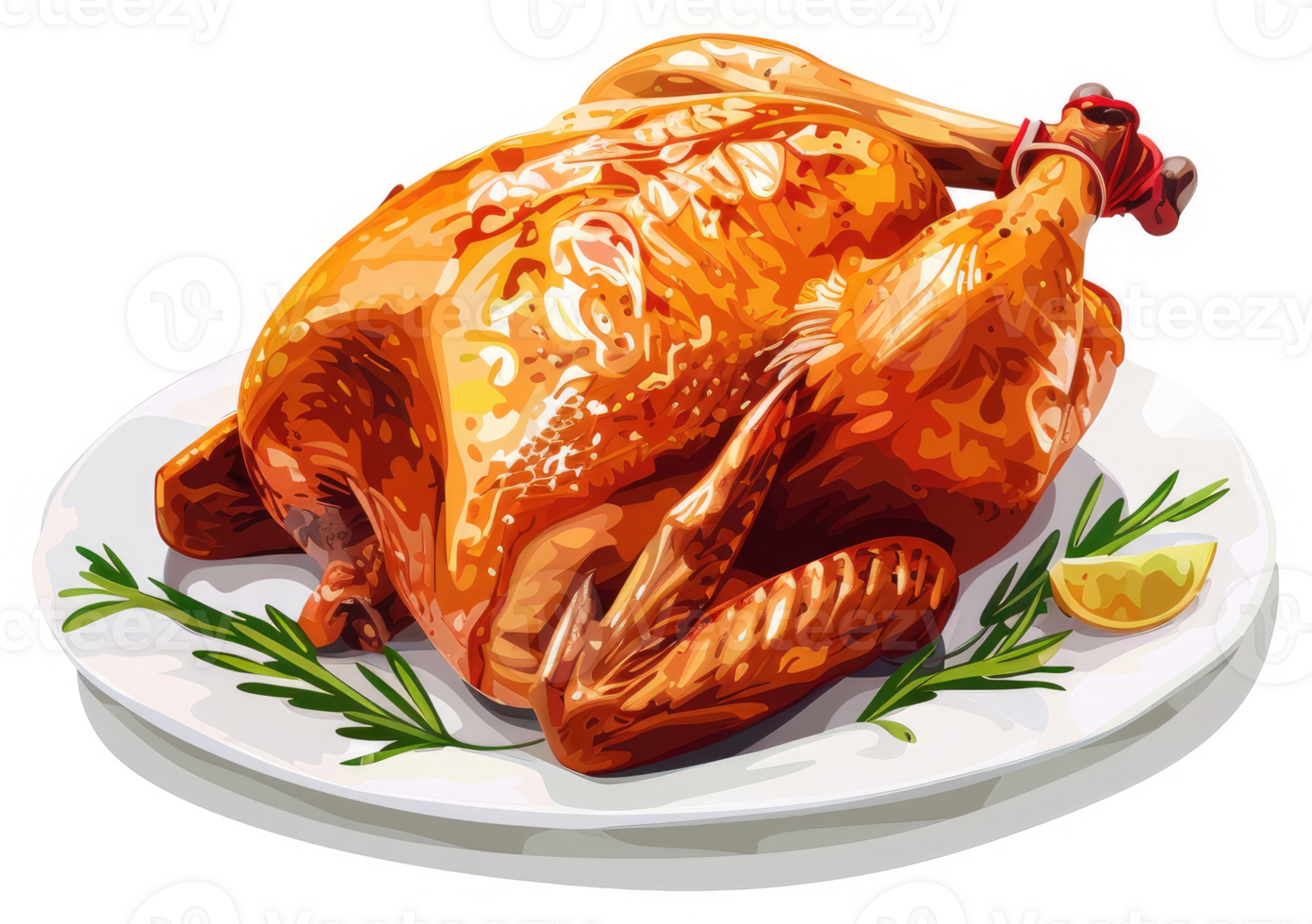 A roasted chicken resting on a white platter, garnished with fresh herbs and lemon. png