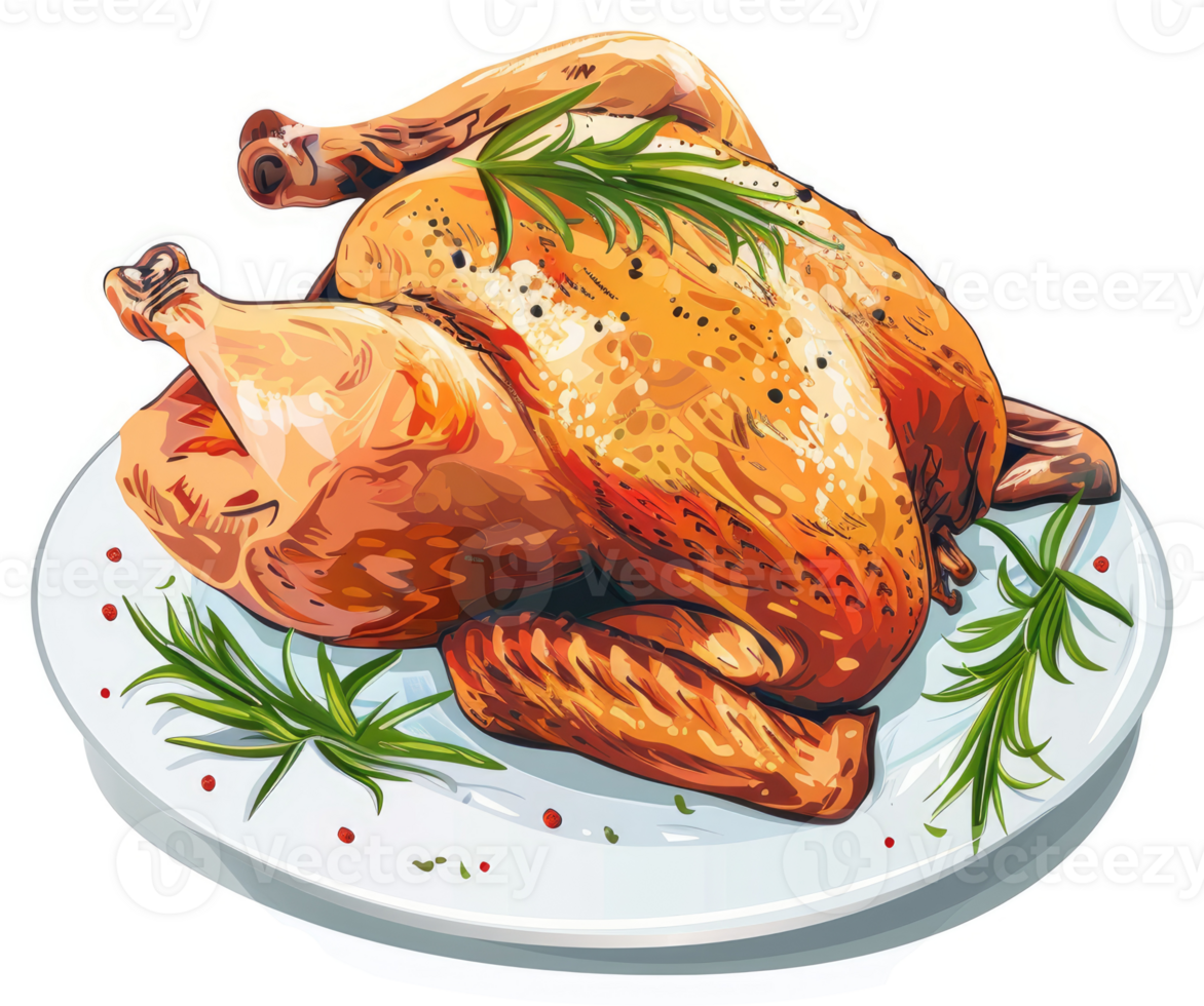 A roasted whole chicken on a plate, garnished with fresh herbs. png