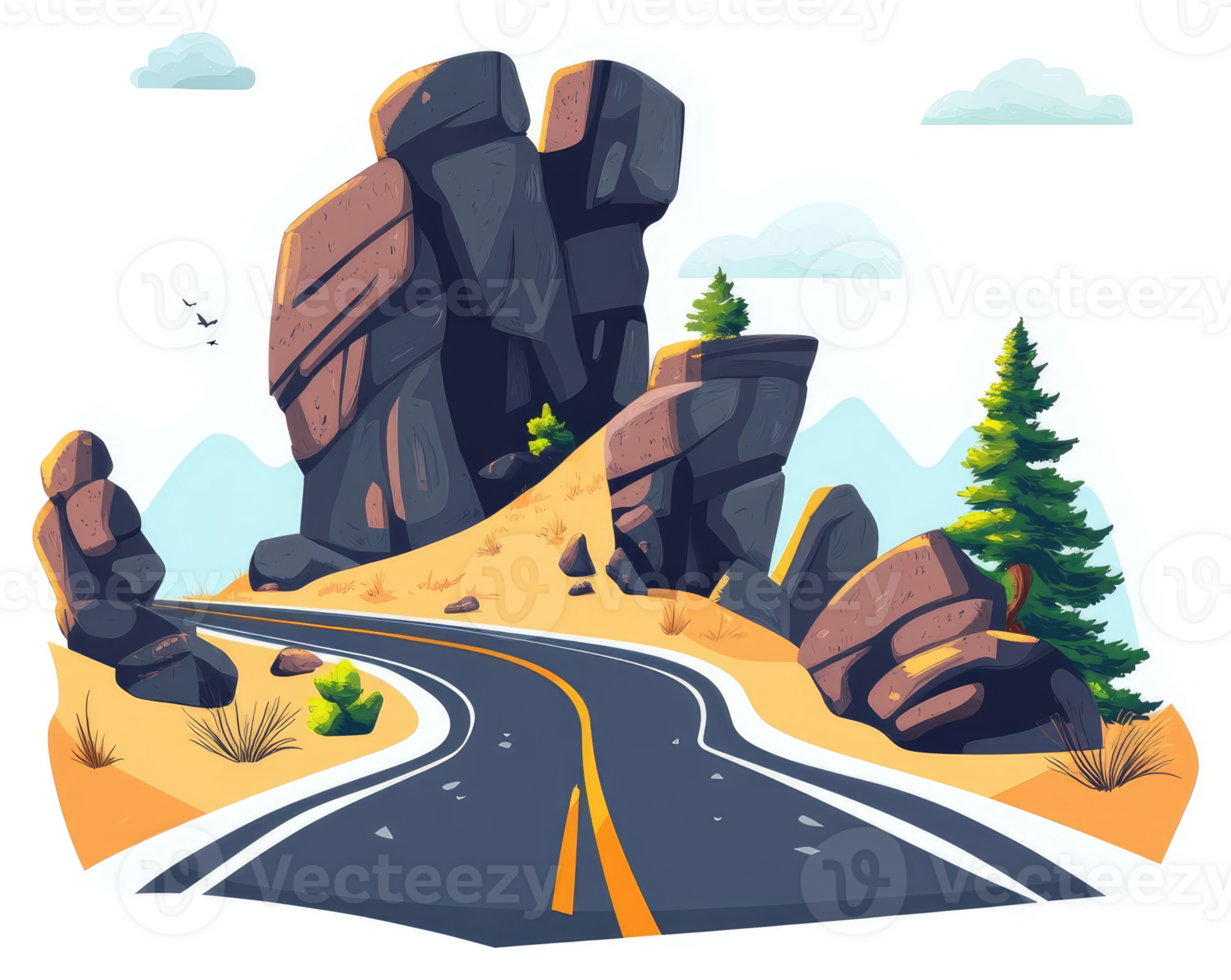 Winding road through a rocky desert landscape. png