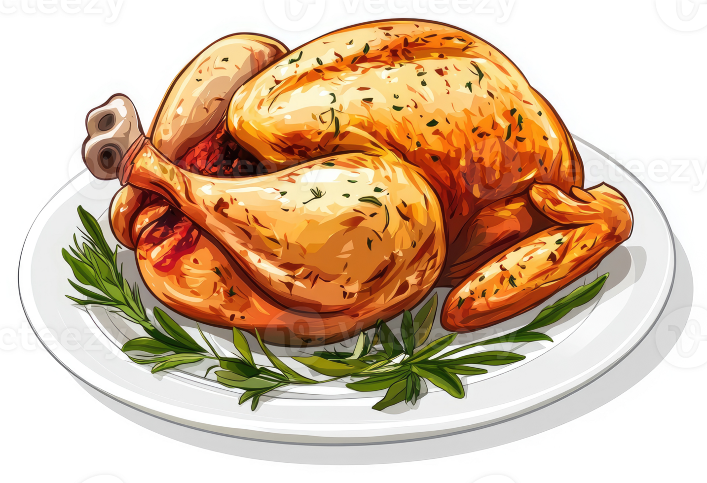 A succulent roasted turkey resting on a white plate. png