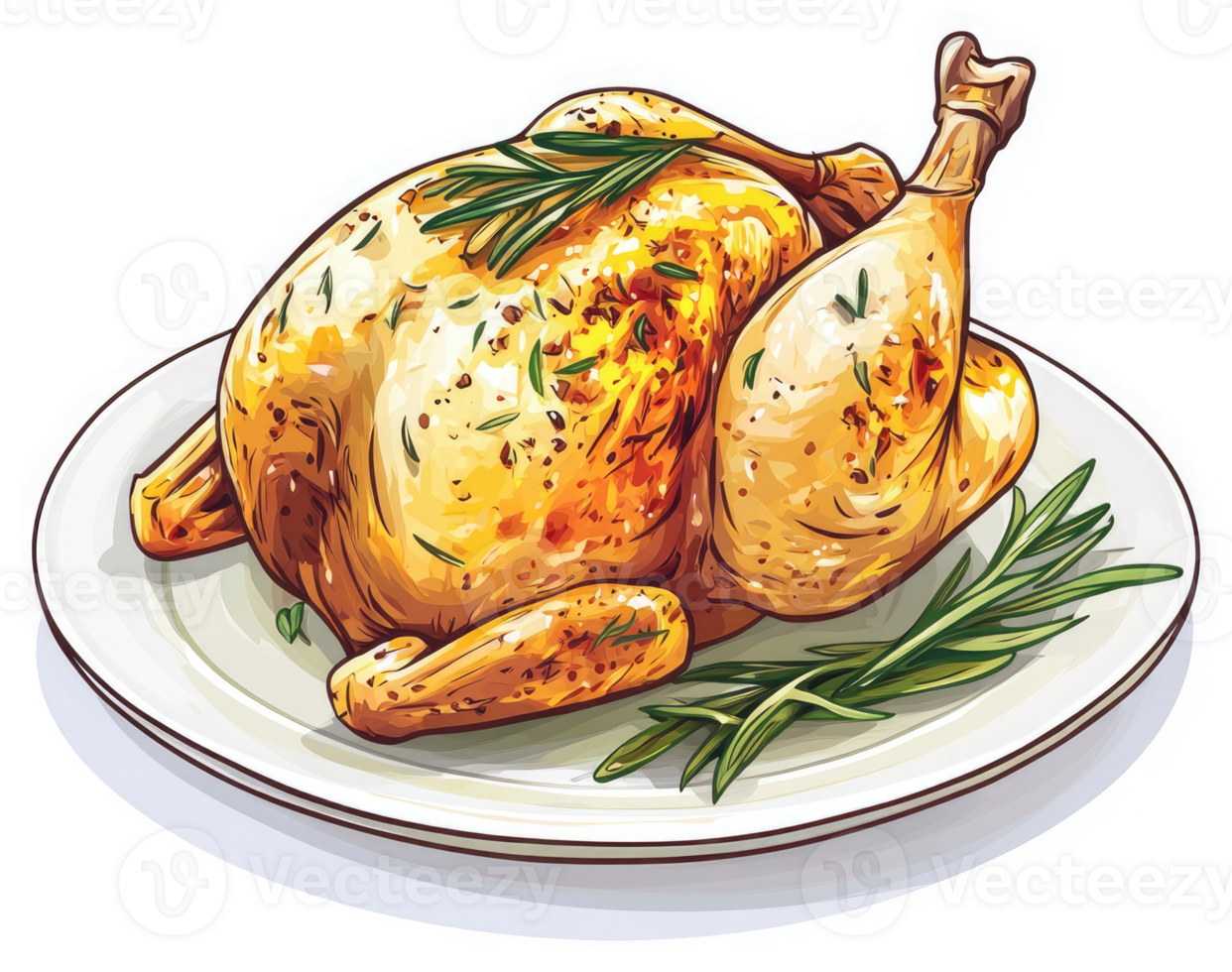 A golden roasted chicken resting on a plate, garnished with fresh herbs. png