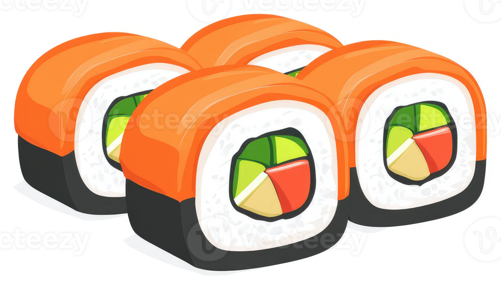 Four colorful sushi rolls with a variety of fillings. png