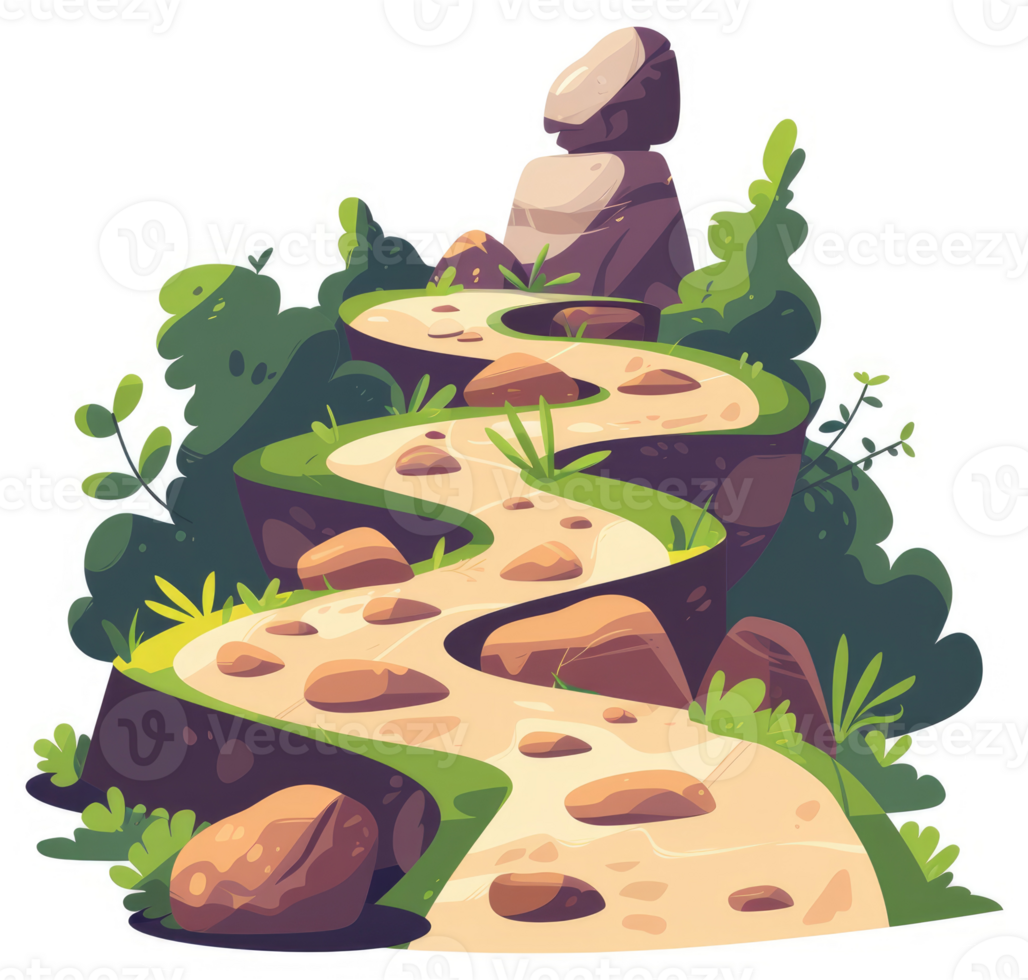 A winding mountain path surrounded by lush vegetation and rocks. png