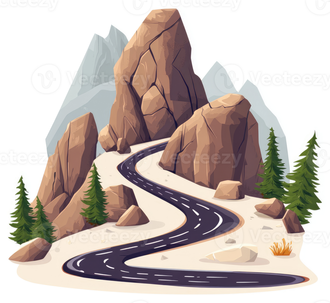 A winding mountain road climbs through rugged terrain. png