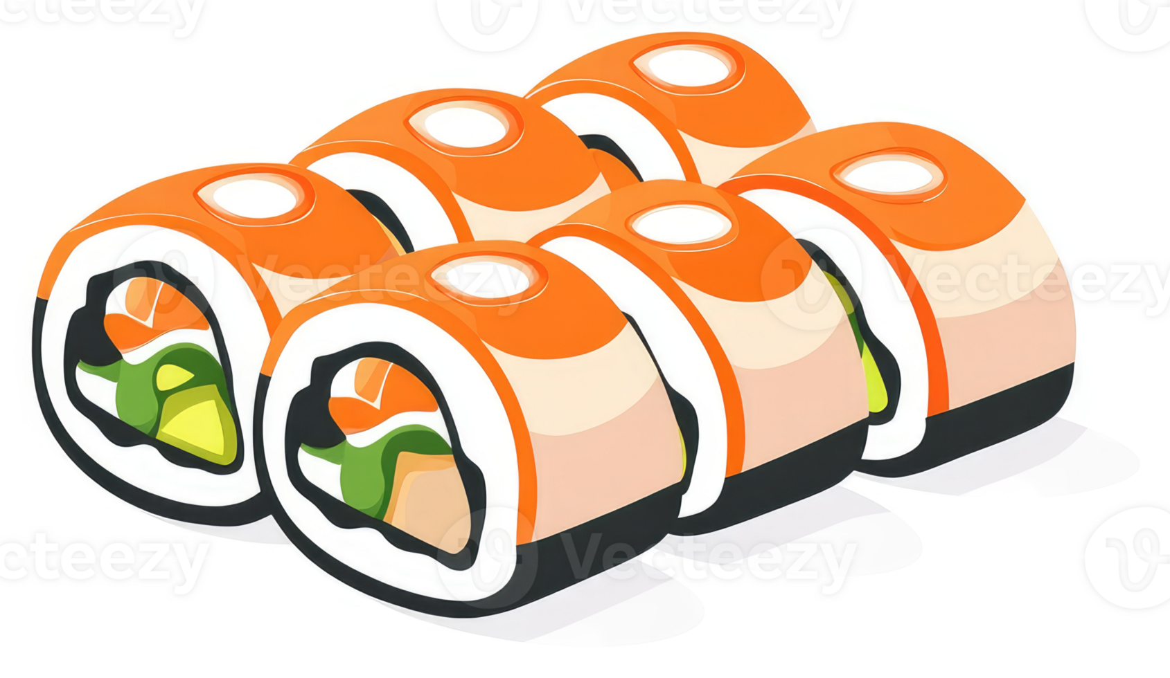 Colorful salmon sushi rolls displayed in an illustration. png