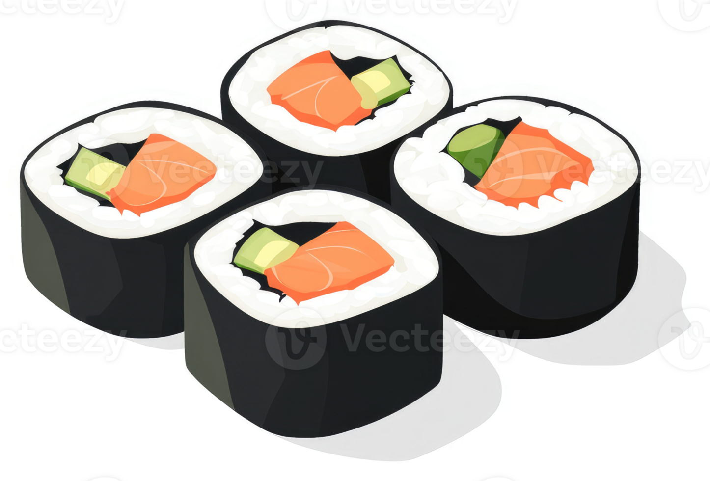 Four delicious salmon and avocado sushi rolls displayed. png