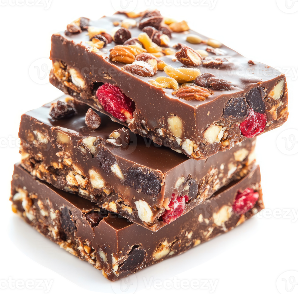 A stack of decadent chocolate bars filled with nuts, dried fruit, and chocolate chips. png