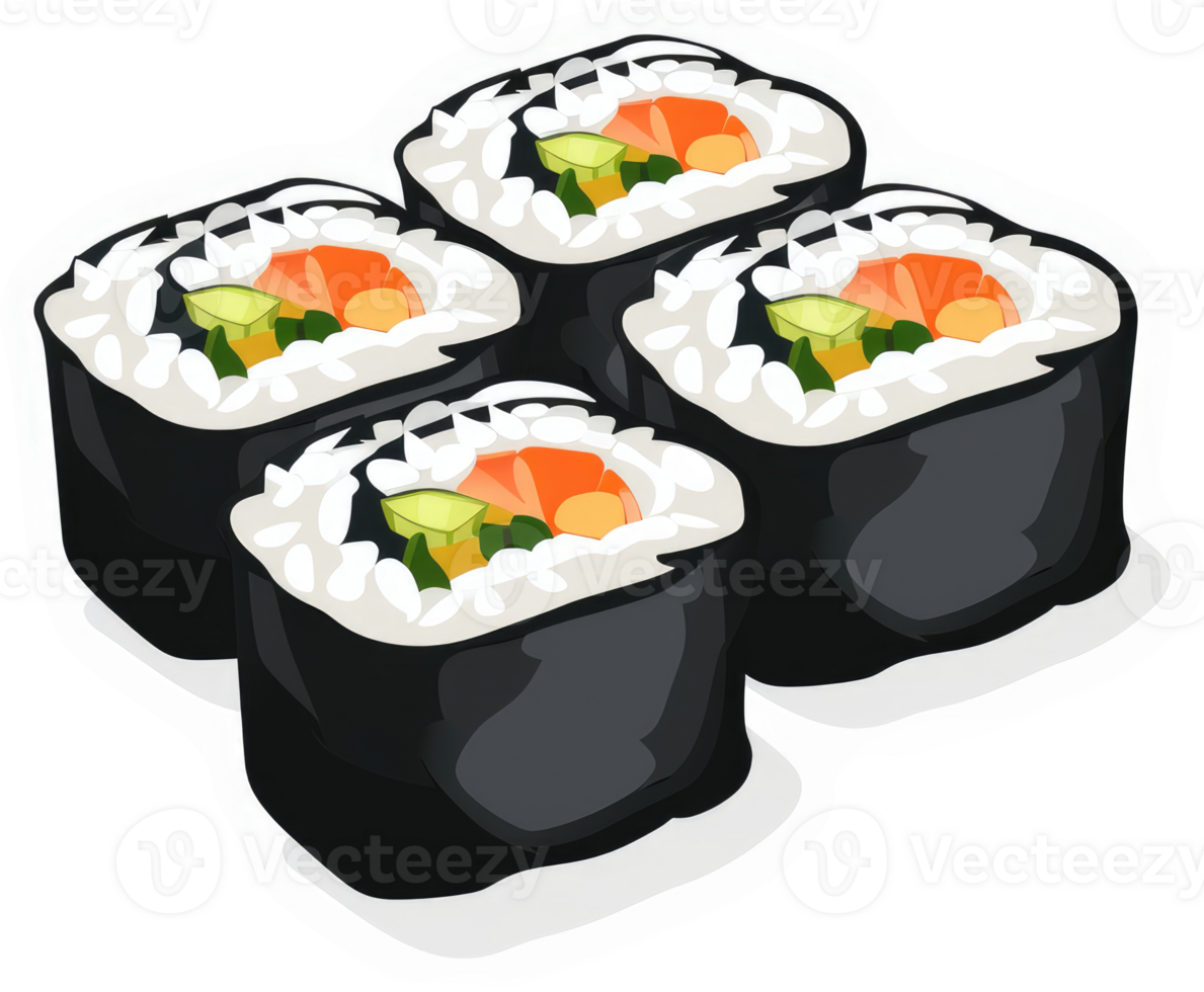 Four colorful sushi rolls with rice and fillings. png