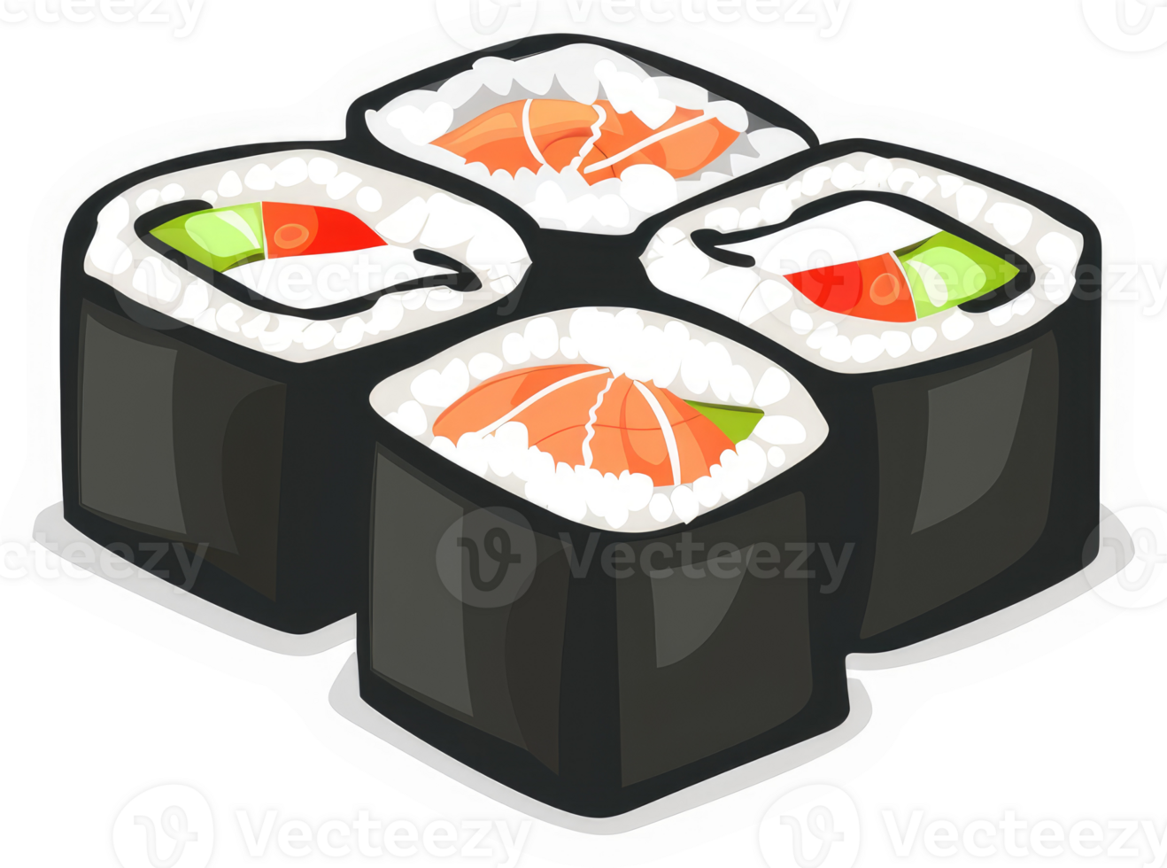 Four colorful sushi rolls arranged in a decorative pattern. png