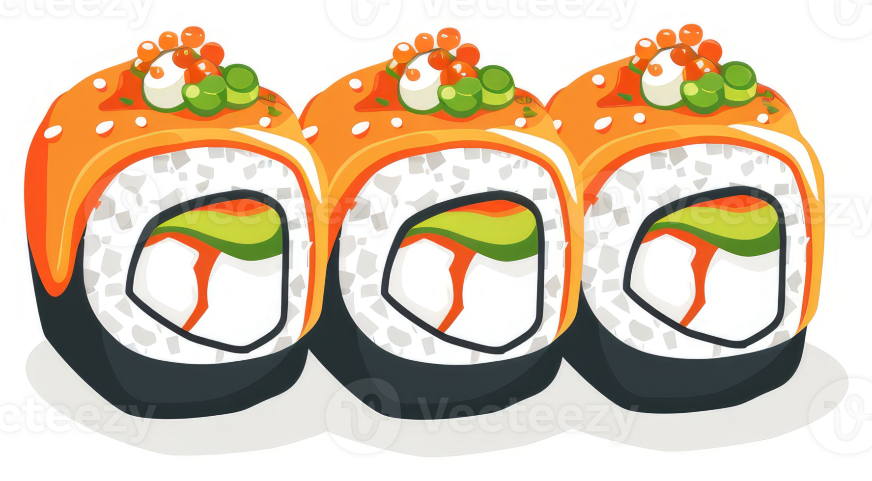 Three delicious orange-glazed sushi rolls with avocado, topped with tobiko. png