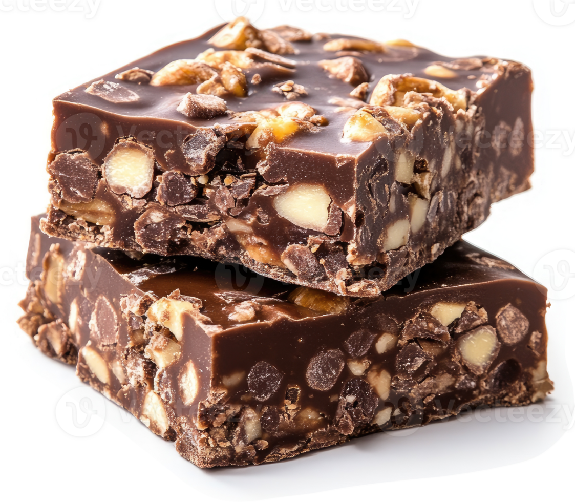 Two squares of rich chocolate nut fudge layered on top of each other. png