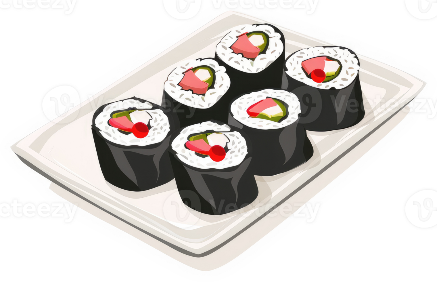 A plate of delicious sushi rolls with various fillings. png