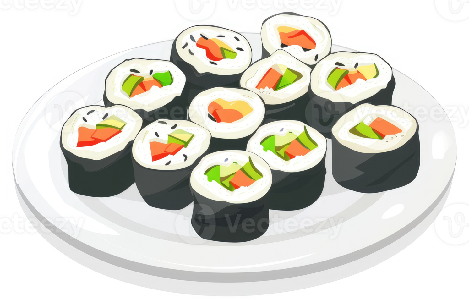 A plate of assorted sushi rolls with avocado and fish. png