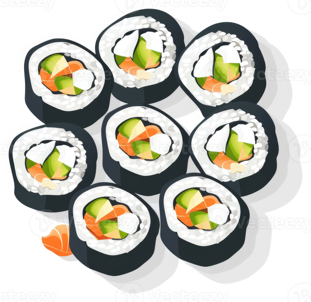 A delicious assortment of salmon avocado sushi rolls. png