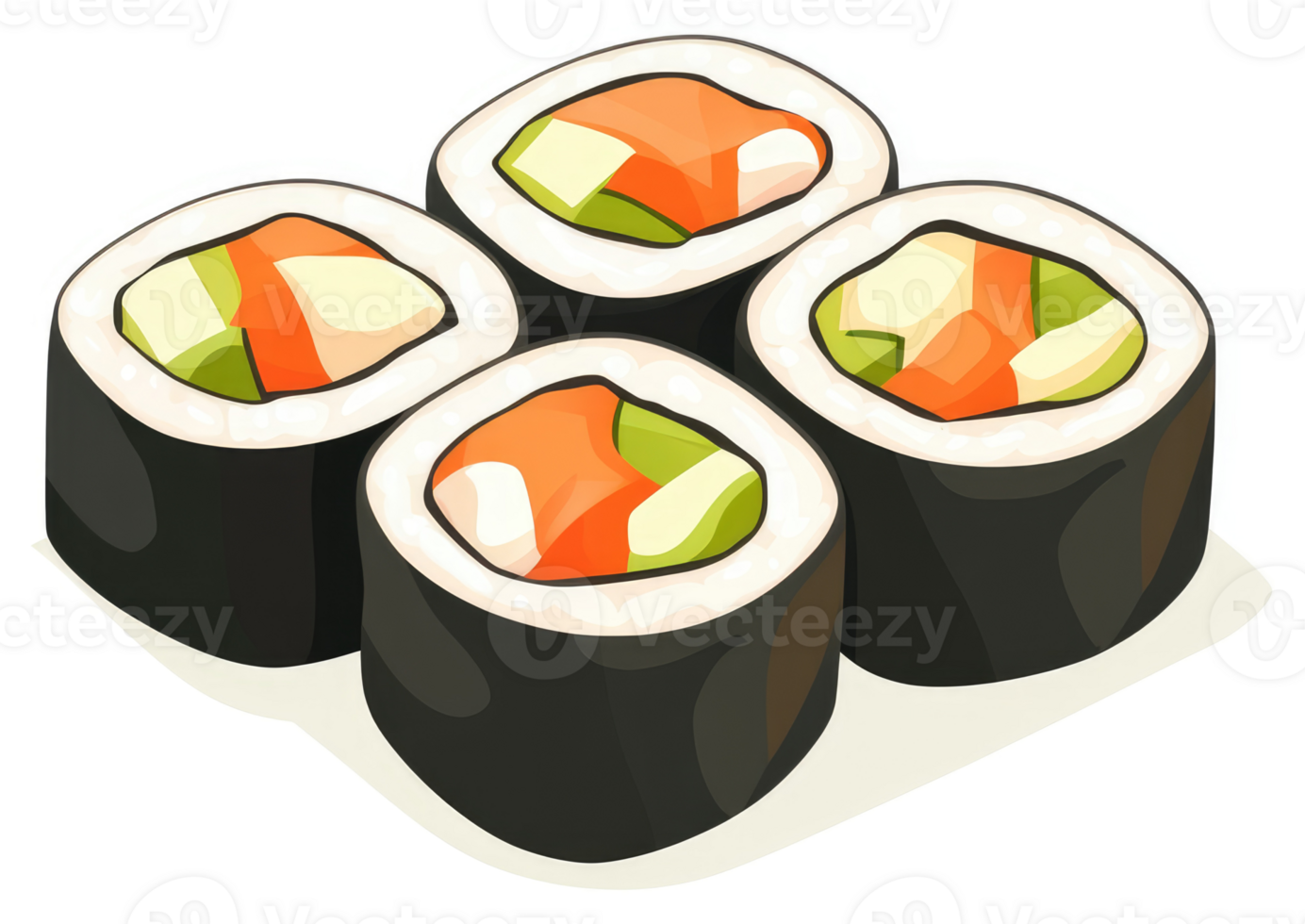 Four colorful sushi rolls with avocado and salmon. png